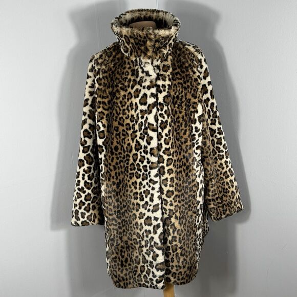LOFT Sz 16 Plus Leopard Cheetah Print Faux Fur Coat Jacket Teddy Soft BEAUTIFUL - Picture 2 of 16
